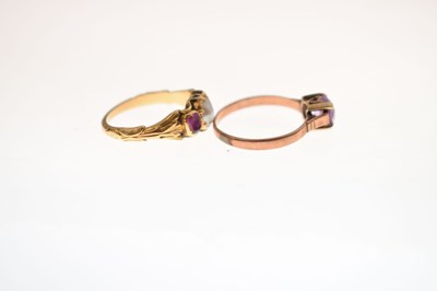 Lot 49 - Ruby and split pearl three-stone yellow metal ring, etc