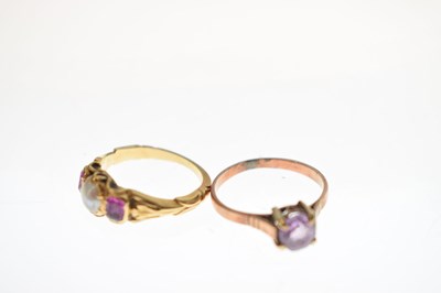 Lot 49 - Ruby and split pearl three-stone yellow metal ring, etc