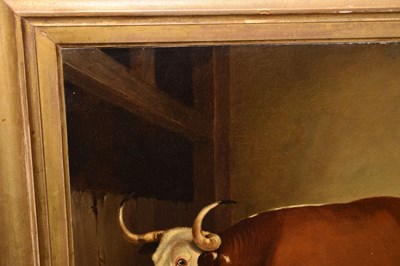 Lot 262 - Primitive School, mid 19th century - Longhorn bull in a cowshed