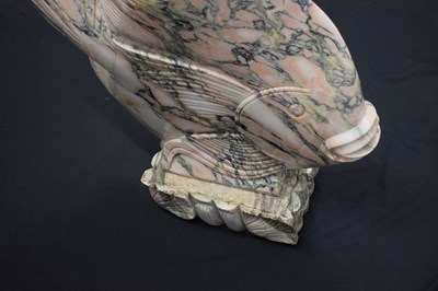 Lot 438 - Large pair of Art Deco style carved veined pink marble models of tropical fish