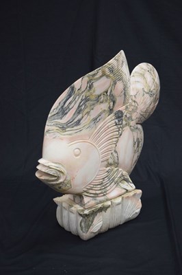 Lot 438 - Large pair of Art Deco style carved veined pink marble models of tropical fish