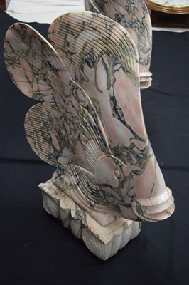 Lot 438 - Large pair of Art Deco style carved veined pink marble models of tropical fish