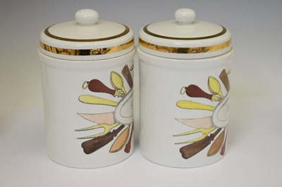 Lot 351 - Piero Fornasetti (Italian, 1913-1988) - Large ceramic cylindrical storage jar and cover, etc