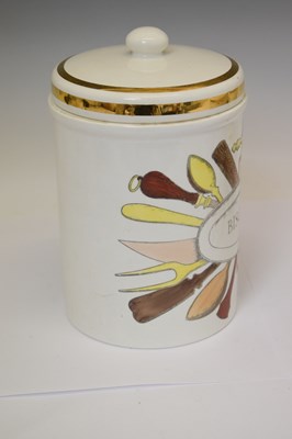 Lot 351 - Piero Fornasetti (Italian, 1913-1988) - Large ceramic cylindrical storage jar and cover, etc