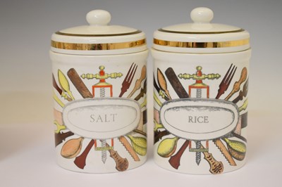 Lot 351 - Piero Fornasetti (Italian, 1913-1988) - Large ceramic cylindrical storage jar and cover, etc