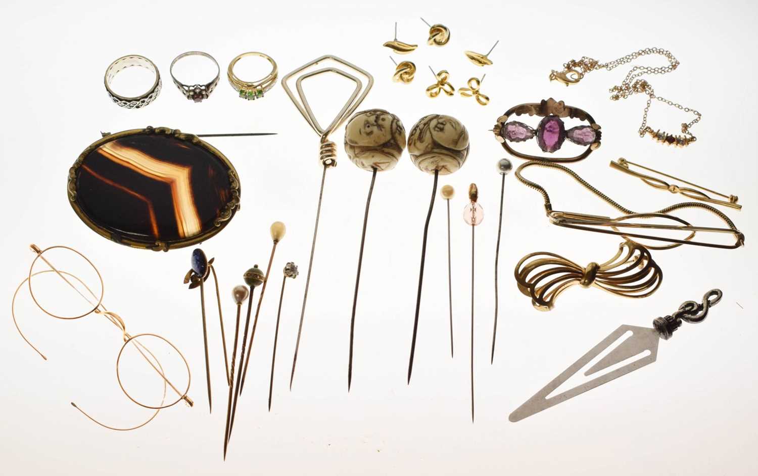 Lot 215 - Pair of yellow metal spectacles together with stick / hat pins, Victorian costume jewellery, etc