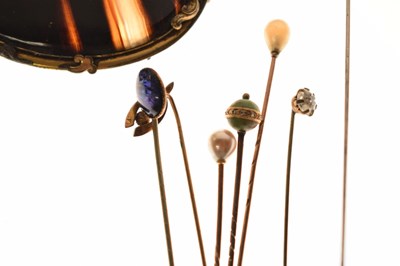 Lot 215 - Pair of yellow metal spectacles together with stick / hat pins, Victorian costume jewellery, etc