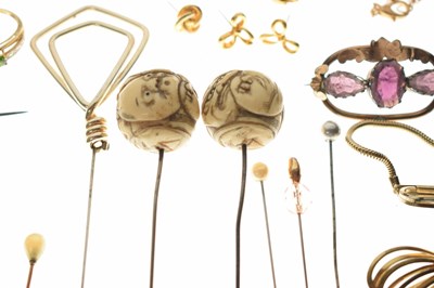 Lot 215 - Pair of yellow metal spectacles together with stick / hat pins, Victorian costume jewellery, etc