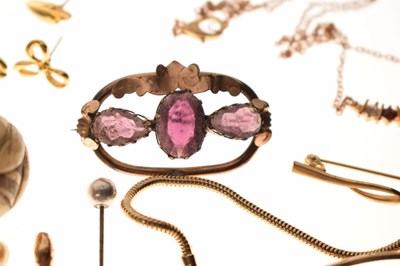 Lot 215 - Pair of yellow metal spectacles together with stick / hat pins, Victorian costume jewellery, etc