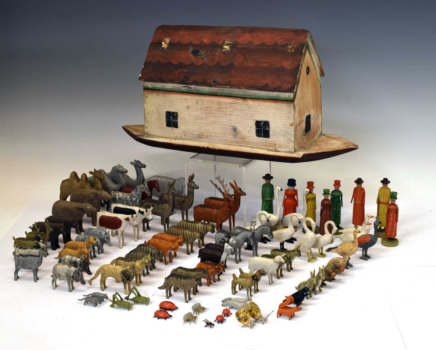 Lot 196 - Carved and painted pine Noah's Ark and contents