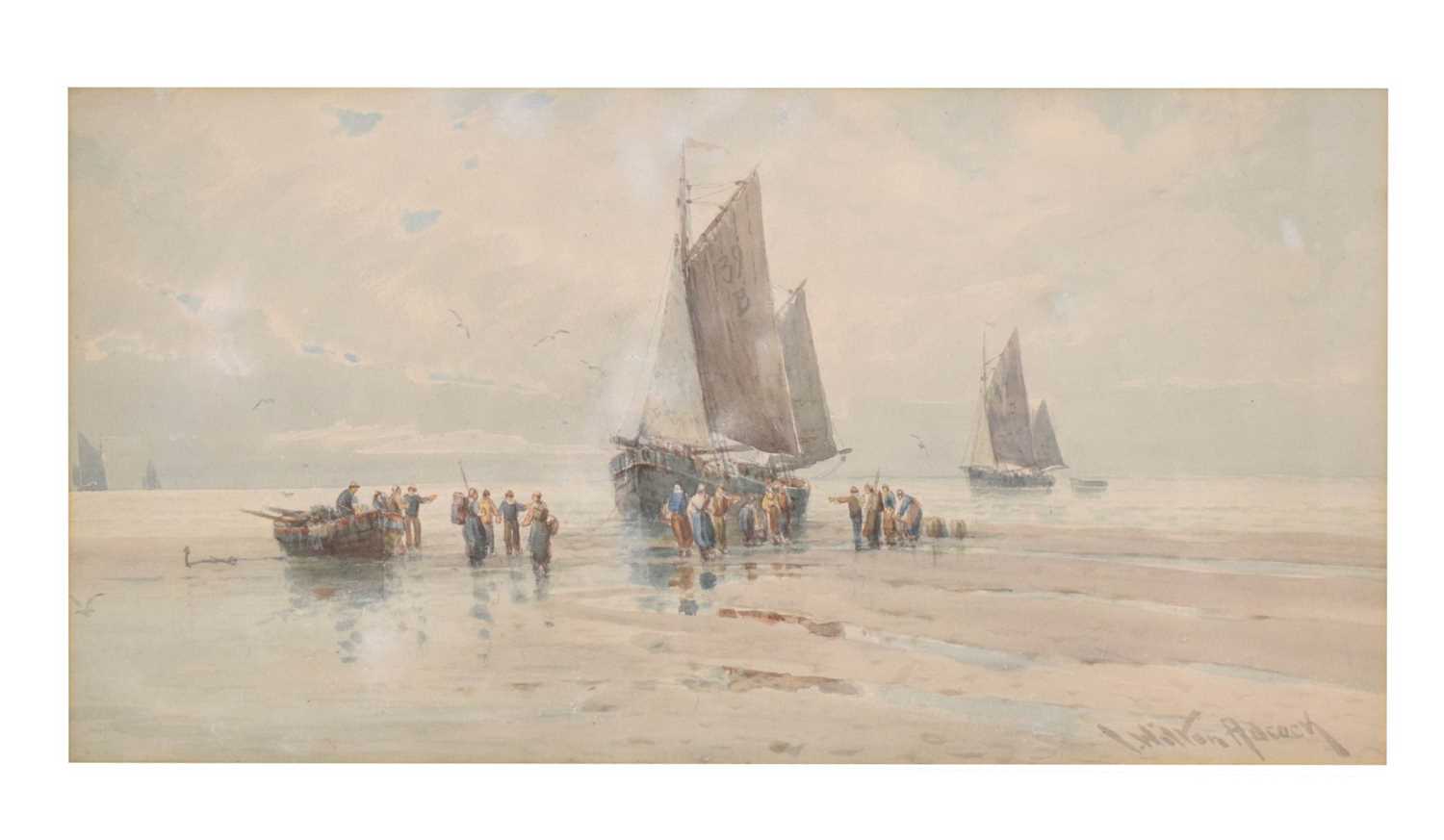 Lot 633 - John Wilton Adcock (1863-1930) - Watercolour - 'Sorting the fish, early morning'