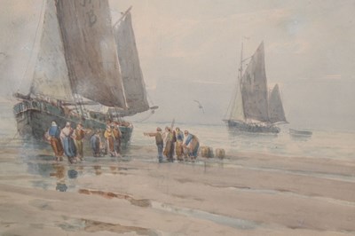 Lot 633 - John Wilton Adcock (1863-1930) - Watercolour - 'Sorting the fish, early morning'