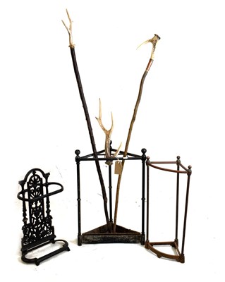 Lot 662 - Three stick stands, largest 42cm x 61cm, together with two stag horn grip sticks etc