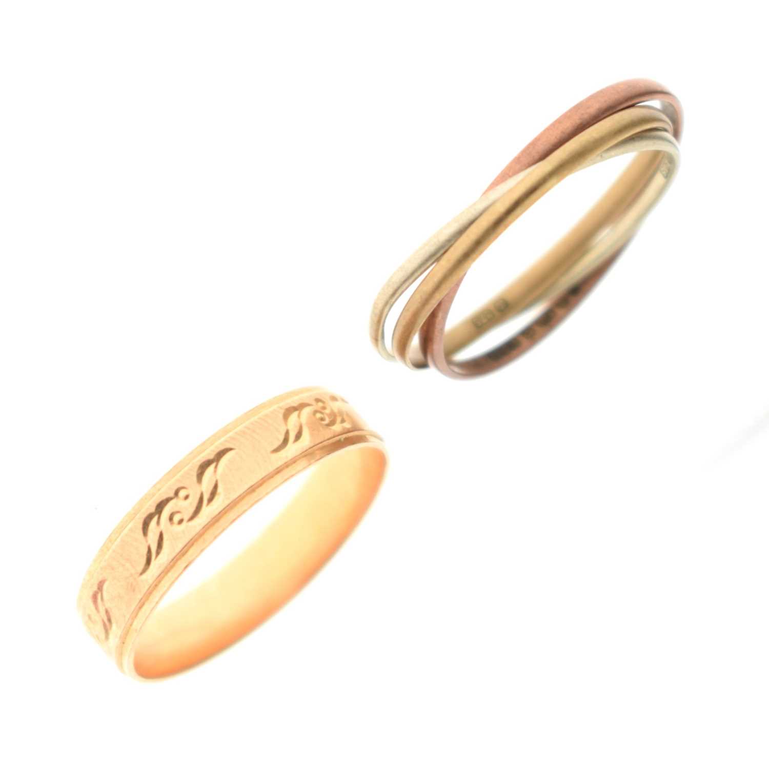 Lot 84 - 9ct gold tri-colour Russian wedding ring, and an unmarked yellow metal wedding ring