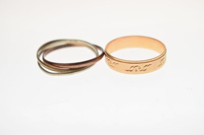 Lot 84 - 9ct gold tri-colour Russian wedding ring, and an unmarked yellow metal wedding ring