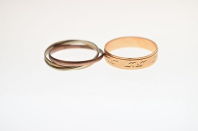 Lot 84 - 9ct gold tri-colour Russian wedding ring, and an unmarked yellow metal wedding ring