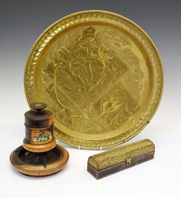 Lot 598 - Jamaican treen ashtray, together with a brass tray (42cm diameter), and modern incense box