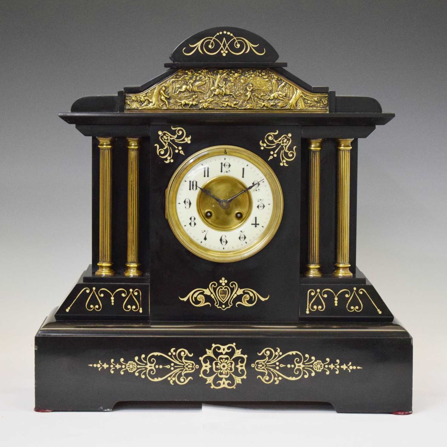Lot 662 - Large French black marble 'temple' mantel clock