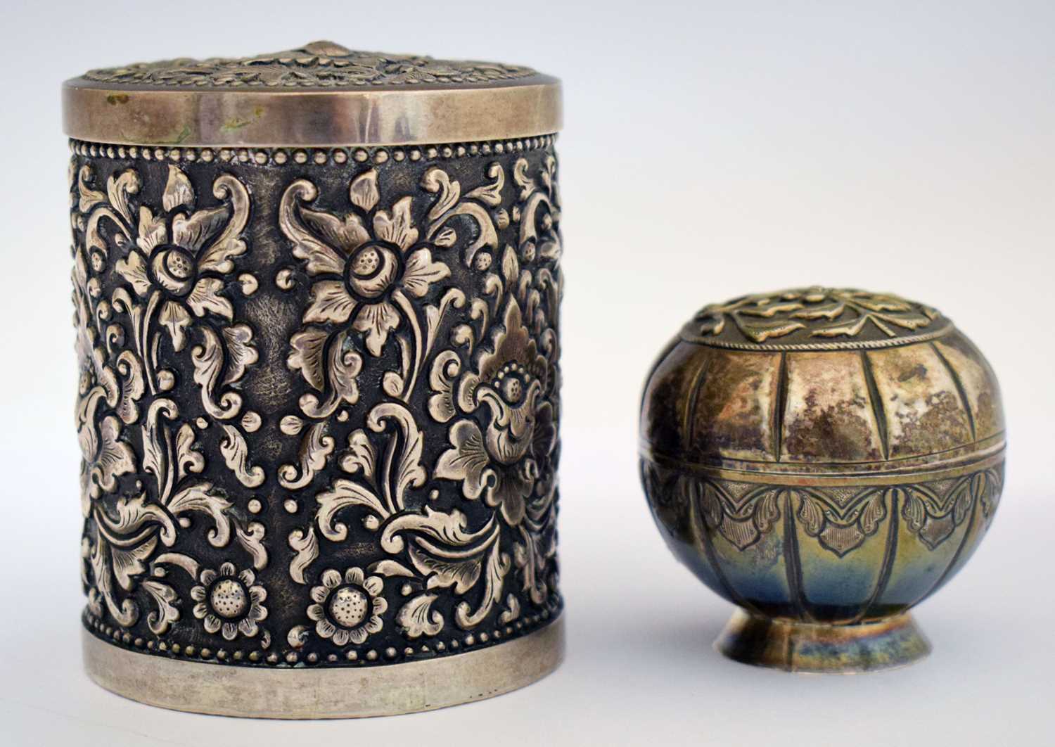 Lot 325 - 19th century Indian silver lidded pot, together with an Indonesian betel box