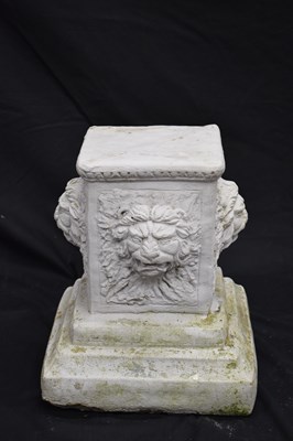 Lot 122 - Pair of composition garden pedestals or stands with lion masks