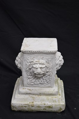 Lot 122 - Pair of composition garden pedestals or stands with lion masks