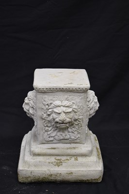 Lot 122 - Pair of composition garden pedestals or stands with lion masks