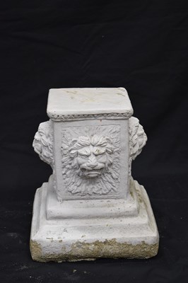 Lot 122 - Pair of composition garden pedestals or stands with lion masks