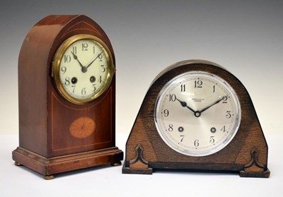 Lot 407 - Inlaid lancet mantel clock & Oak cased mantel clock