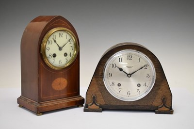 Lot 407 - Inlaid lancet mantel clock & Oak cased mantel clock