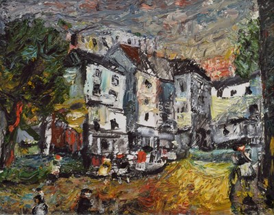 Lot Barrington Tabb (British, 1934-2022) - Oil on board - 'Evening Kingsmead street scene, Bath'