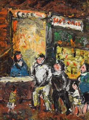 Lot Barrington Tabb (British, 1934-2022) - Oil on board and felt tip pen - 'Workman's Cafe'