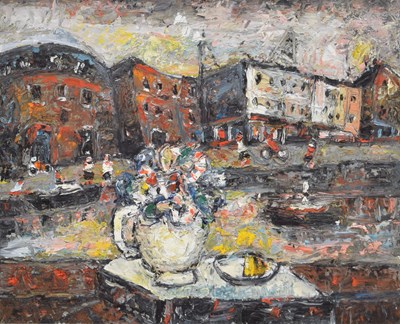 Lot Barrington Tabb (British, 1934-2022) - Oil on board - 'A Vibrant Still Life Taken from Watershed Café, Bristol'