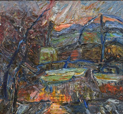 Lot Barrington Tabb (British, 1934-2022) - Oil on board - 'Evening winter scene over Bristol City Docks'