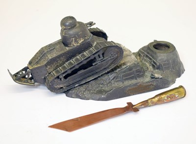 Lot 335 - French spelter novelty inkwell in the form of a World War One tank, etc