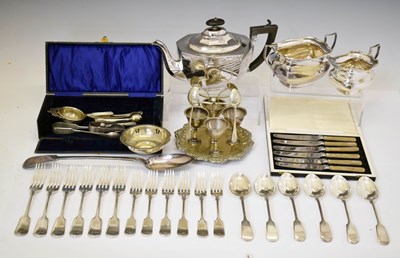 Lot 301 - Quantity of silver plated items to include three-piece tea-set, flatware, etc