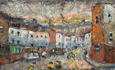 Lot Barrington Tabb (British, 1934-2022) - Oil on board - Evening glow old houses
