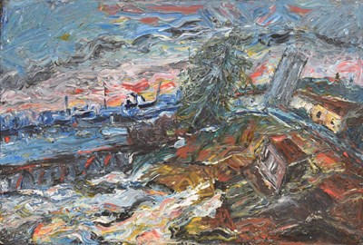 Lot Barrington Tabb (British, 1934-2022) - Oil on board - 'Stormy sky and sea over Clevedon Bay'