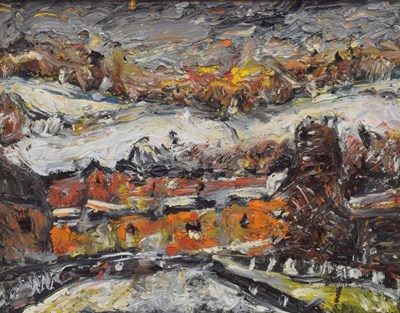 Lot 330 - Barrington Tabb (British, 1934-2022) - Oil on board - 'Winter Landscape, Bath'