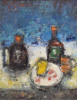 Lot Barrington Tabb (British, 1934-2022) - Oil on board - 'Still Life with Cheese and Bottles'