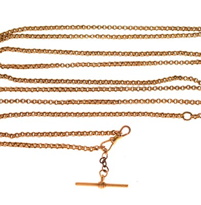 Lot 102 - Yellow metal belcher link longguard or muff chain, with loose T-bar