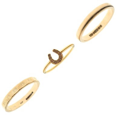 Lot 61 - Two 9ct gold wedding bands and an unmarked yellow metal ring