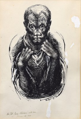 Lot Michael Ayrton (1921-1975) - Pen and Ink - Portrait of a man wearing a cloak