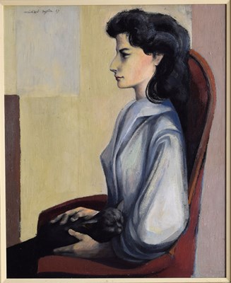 Lot Michael Ayrton (British, 1921-1975) - Oil on panel - Portrait of Jill holding a black cat