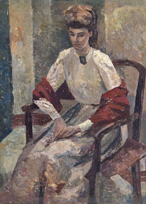 Lot 571 - William Samuel Taylor (1920-2010) - Oil on canvas board - Portrait of a young lady seated woman