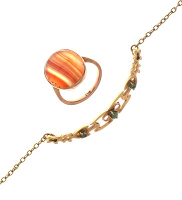 Lot 97 - 1970s 9ct gold necklace set green stones, and a banded agate cabochon ring stamped '9ct'
