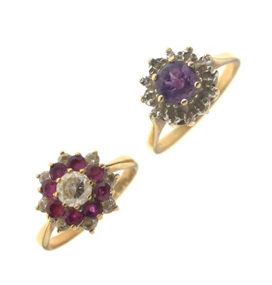 Lot 32 - Ruby and cubic zirconia 9ct gold cluster ring, and another dress ring