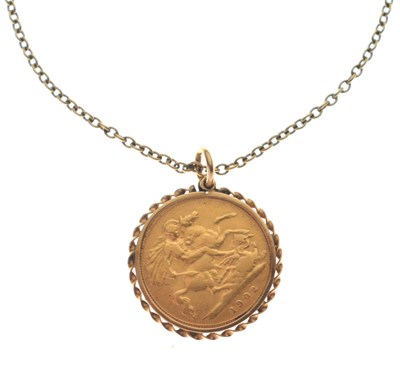 Lot 211 - Edward VII gold half sovereign, 1902, on 9ct gold chain