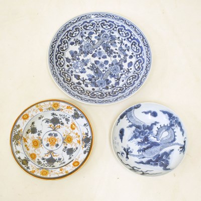 Lot 405 - Circa 1800 Chinese porcelain plate, plus two with blue and white dragon decoration