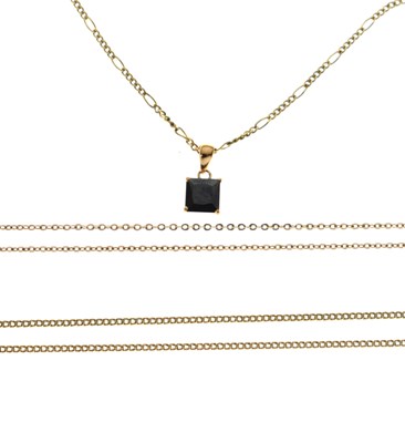 Lot 89 - Small group of jewellery comprising a square gem-set pendant on a 9ct gold figaro link chain