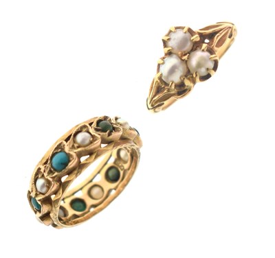 Lot 34 - Two dress rings comprising a 9ct gold turquoise and seed pearl ring
